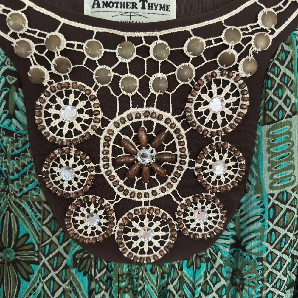 Another Thyme Dress Teal‎ Brown Geometric Beaded Neckline Sleeveless Boho 16W